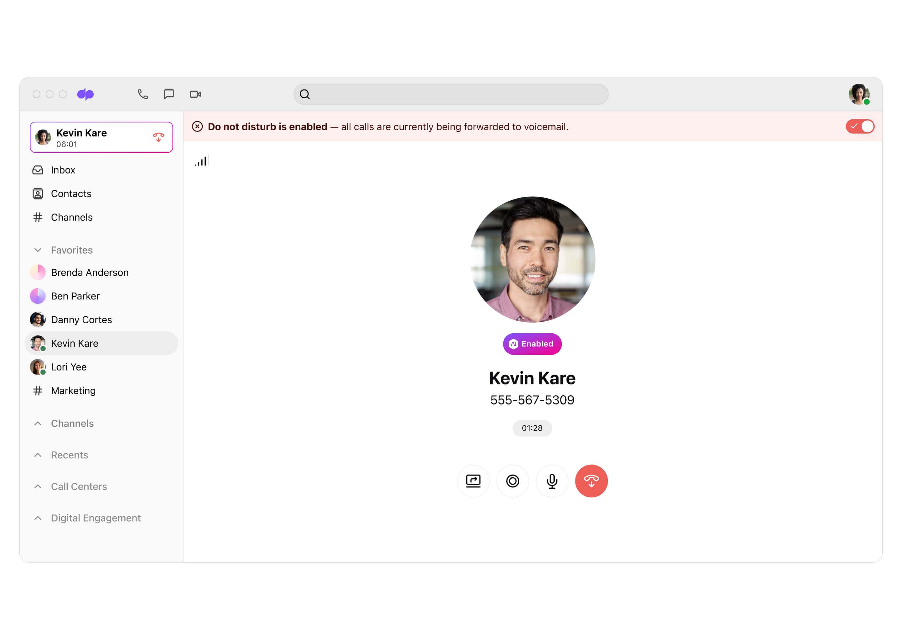 Screenshot of Dialpad's do not disturb feature blocking a call