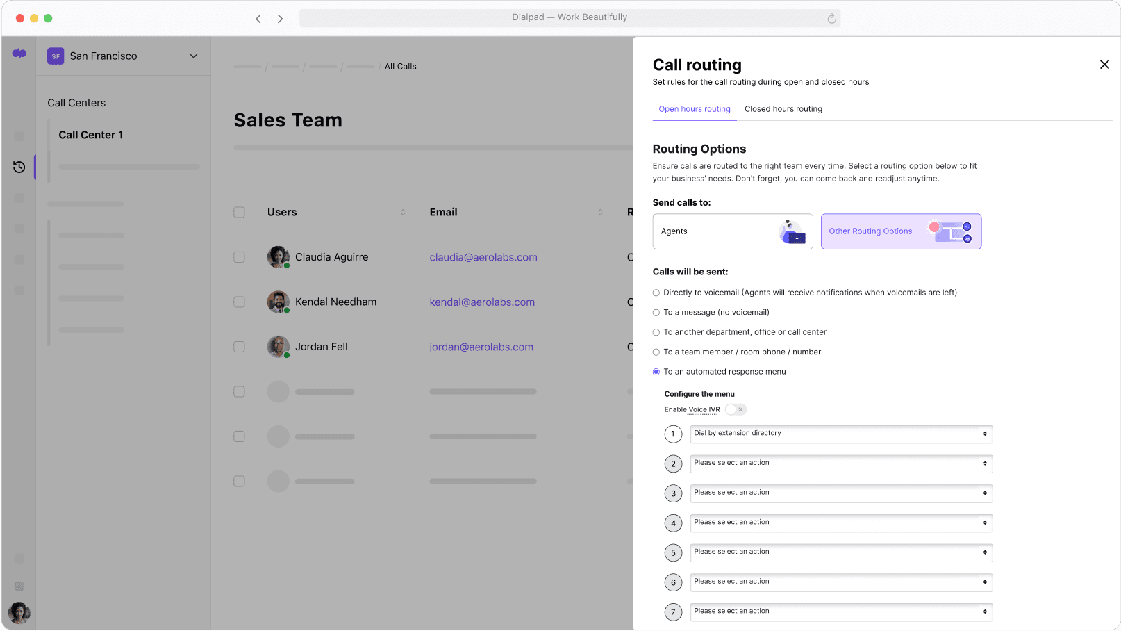screenshot of dialpad's call routing options