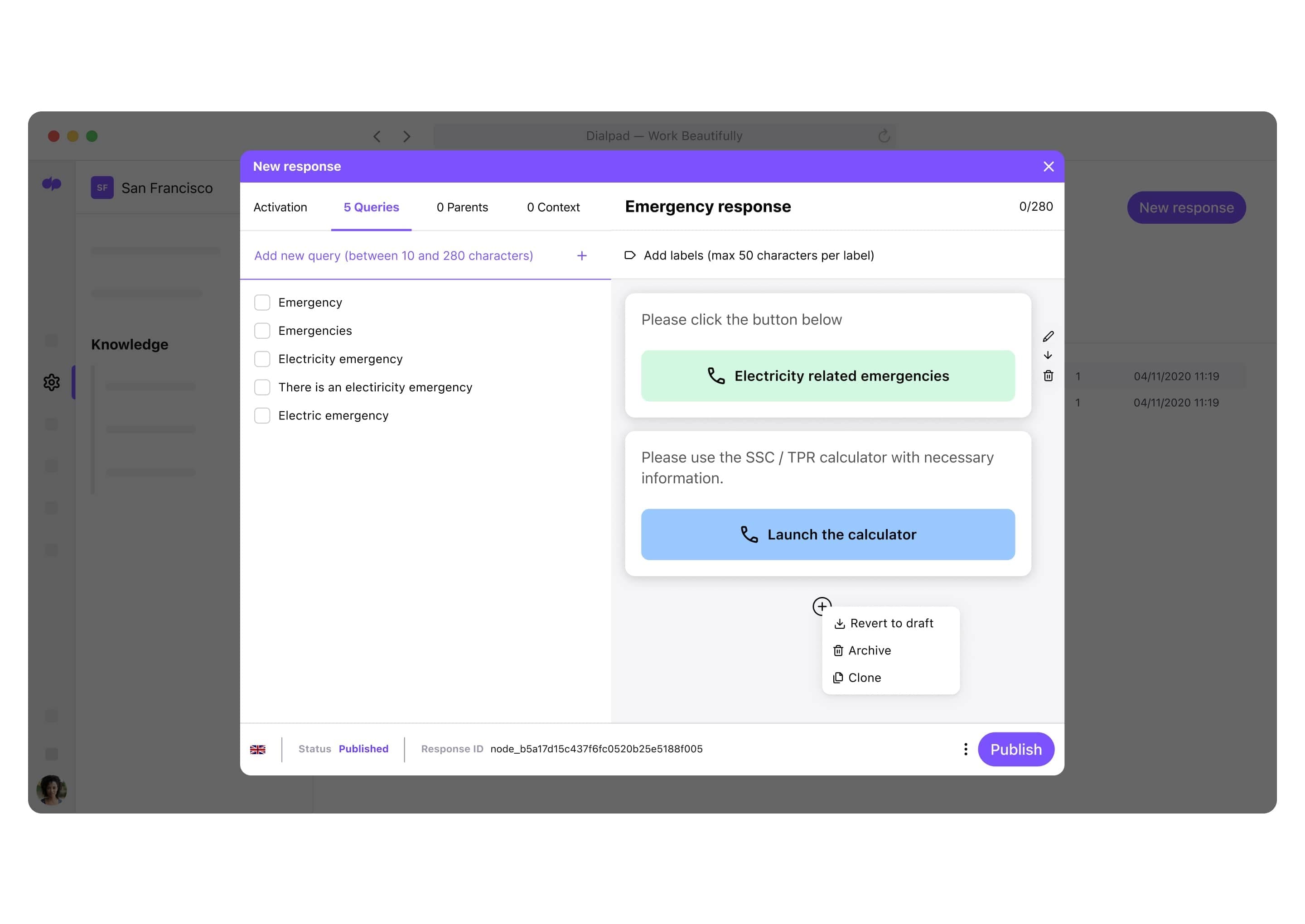 Screenshot of creating a conversational AI response flow using Dialpad's no-code drag-and-drop builder