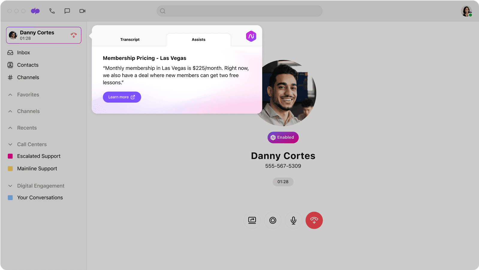 Screenshot of Dialpads real time assist card feature popping up helpful notes for an agent or rep when a tricky question comes up on a call