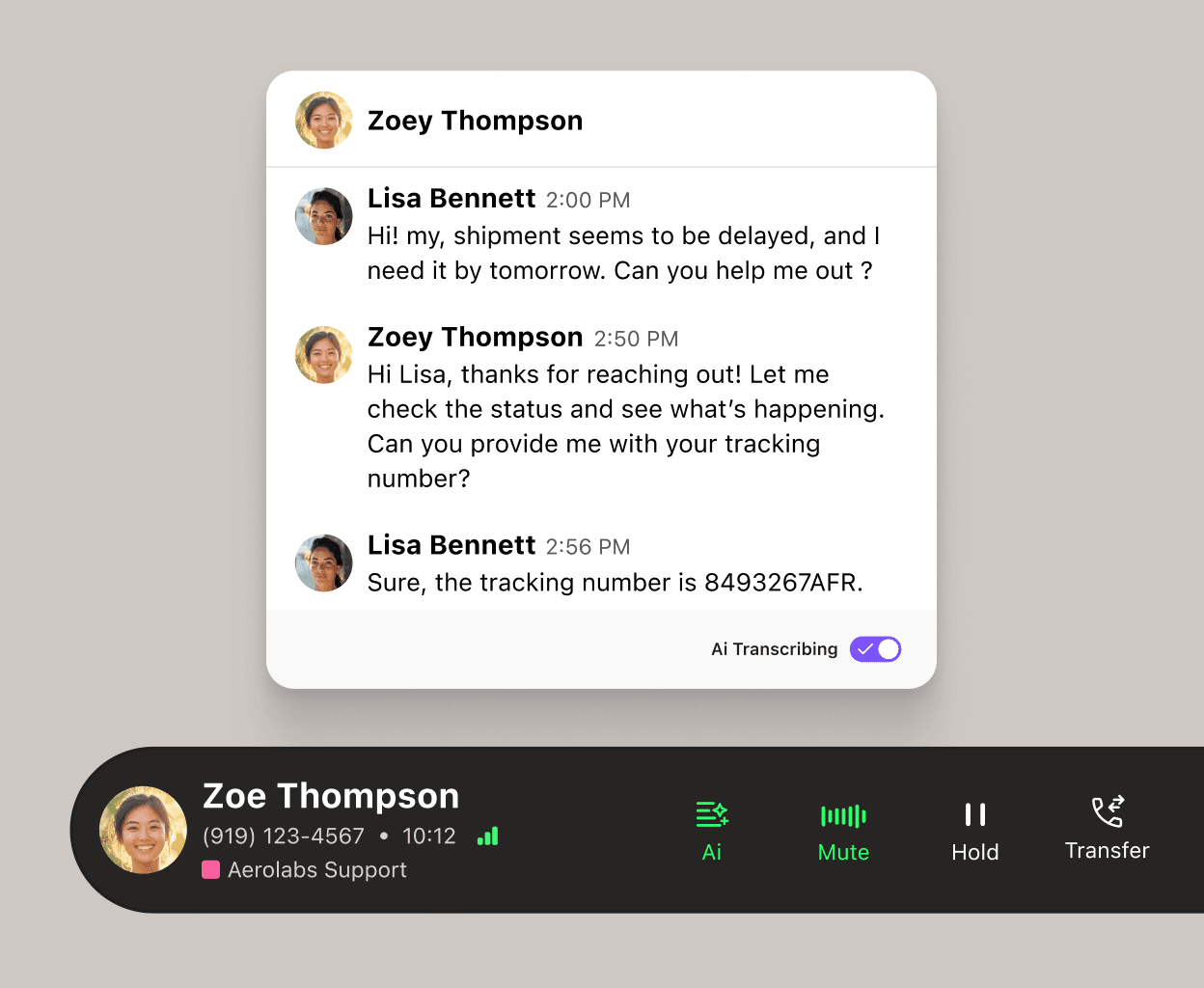 Screenshot of Dialpad Ai transcribing a phone call in real time