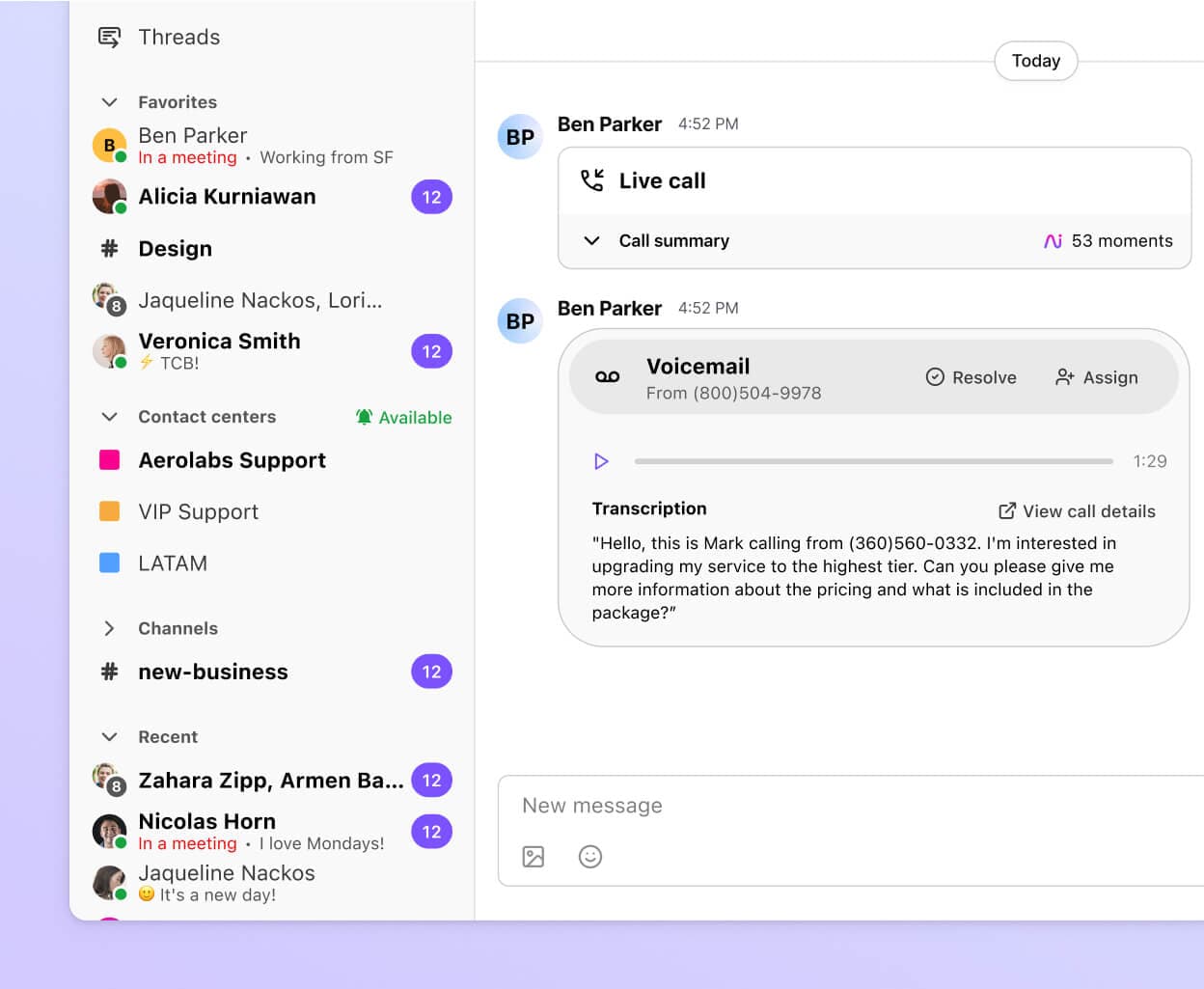 Screenshot of a voicemail transcription from Dialpad, displaying the message text