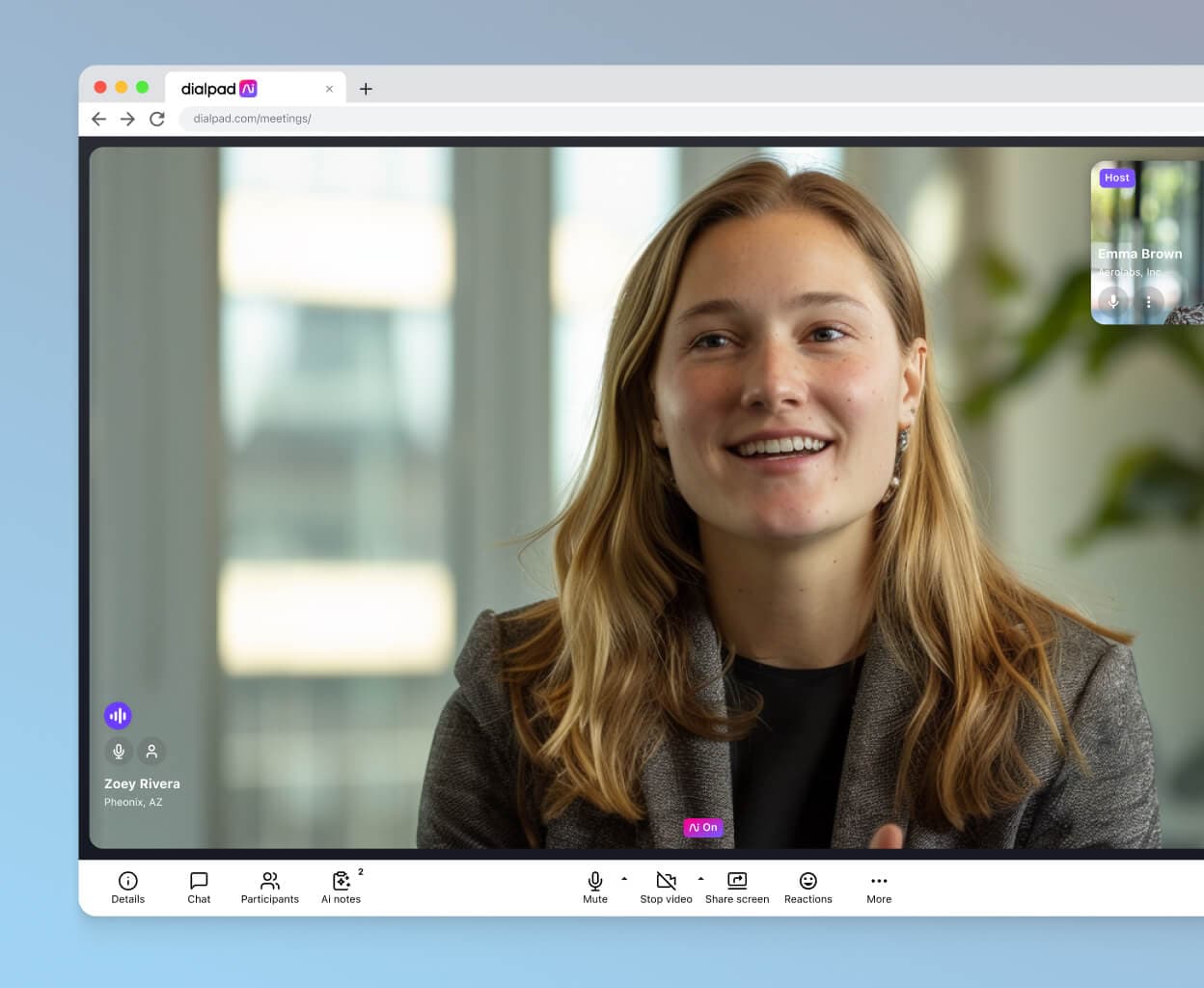 A video call happening in a web browser using Dialpad.