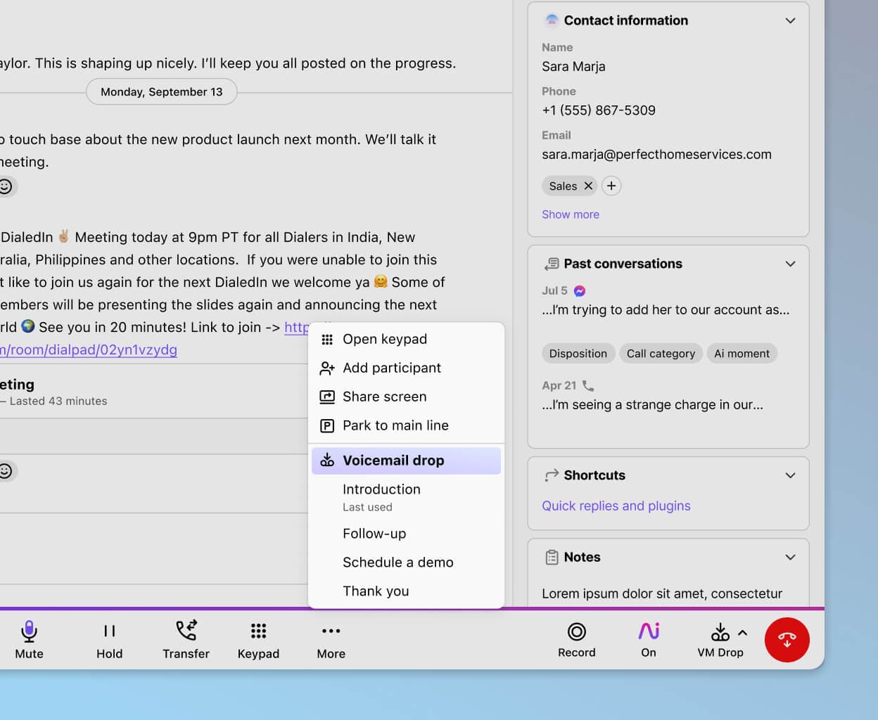 Screenshot of Dialpad-s voicemail drop feature, which lets sales reps drop in a pre-recorded message when they hit prospects- voicemails