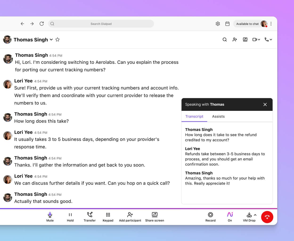 Screenshot of Dialpad Ai transcribing a phone call in real time