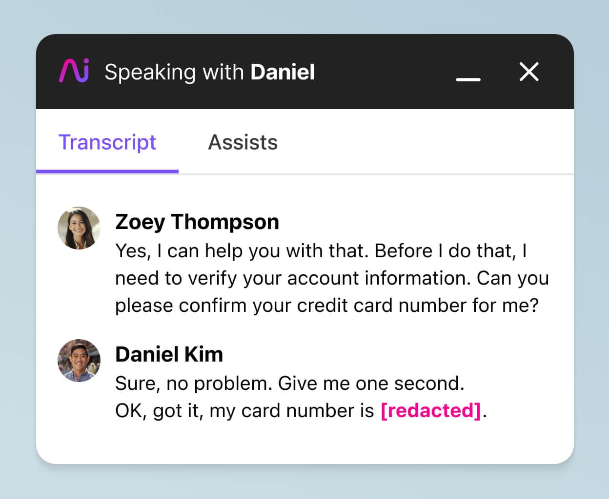 Screenshot of Dialpad Ai redacting PII in a live call transcript in real-time