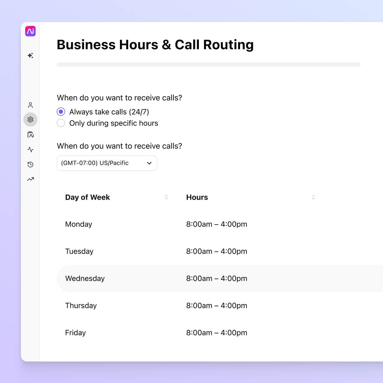 Screenshot of setting business hours for a company in dialpads dashboard