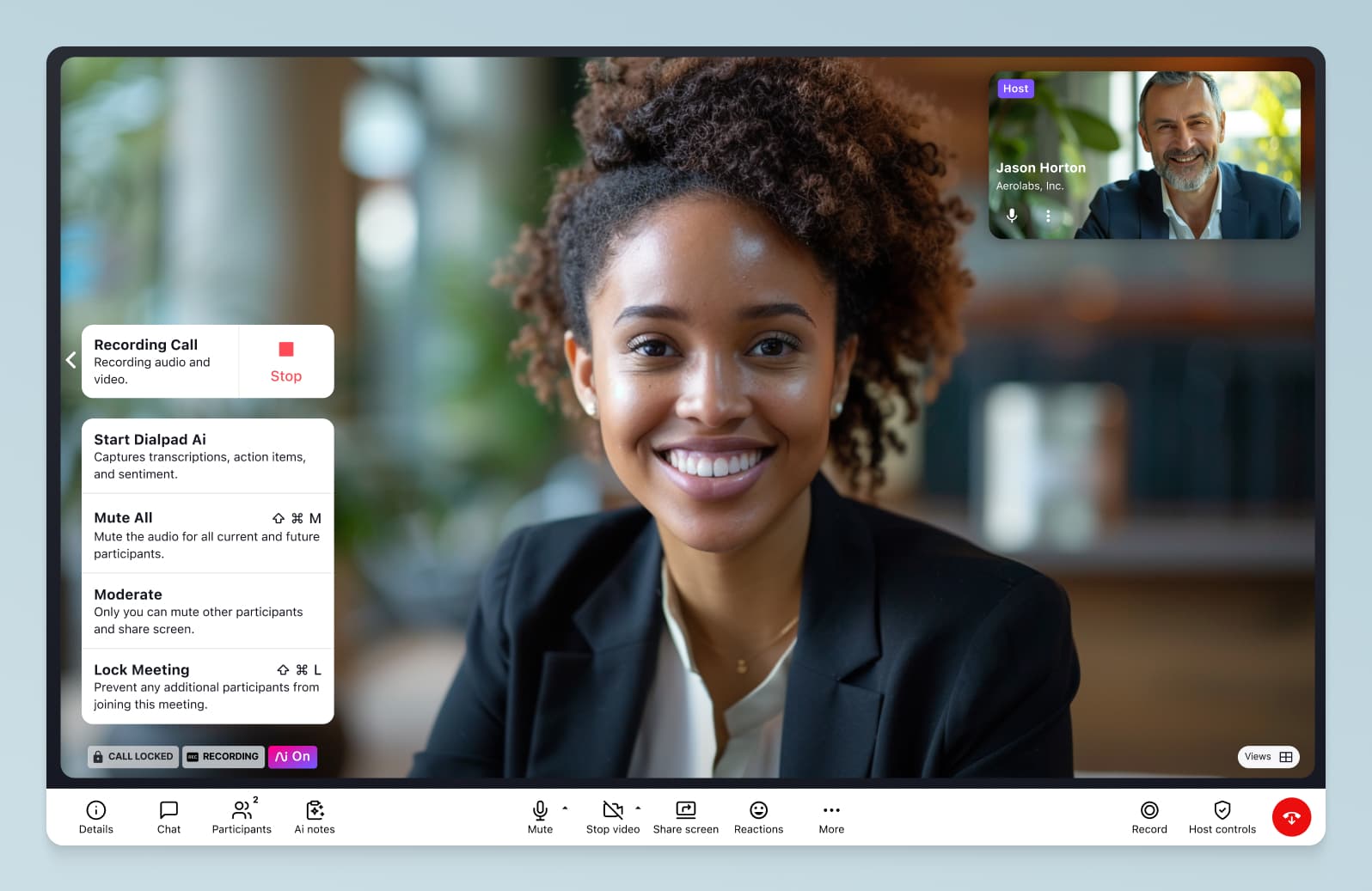 A screenshot of locking a video conference in Dialpad's using the built-in security controls.