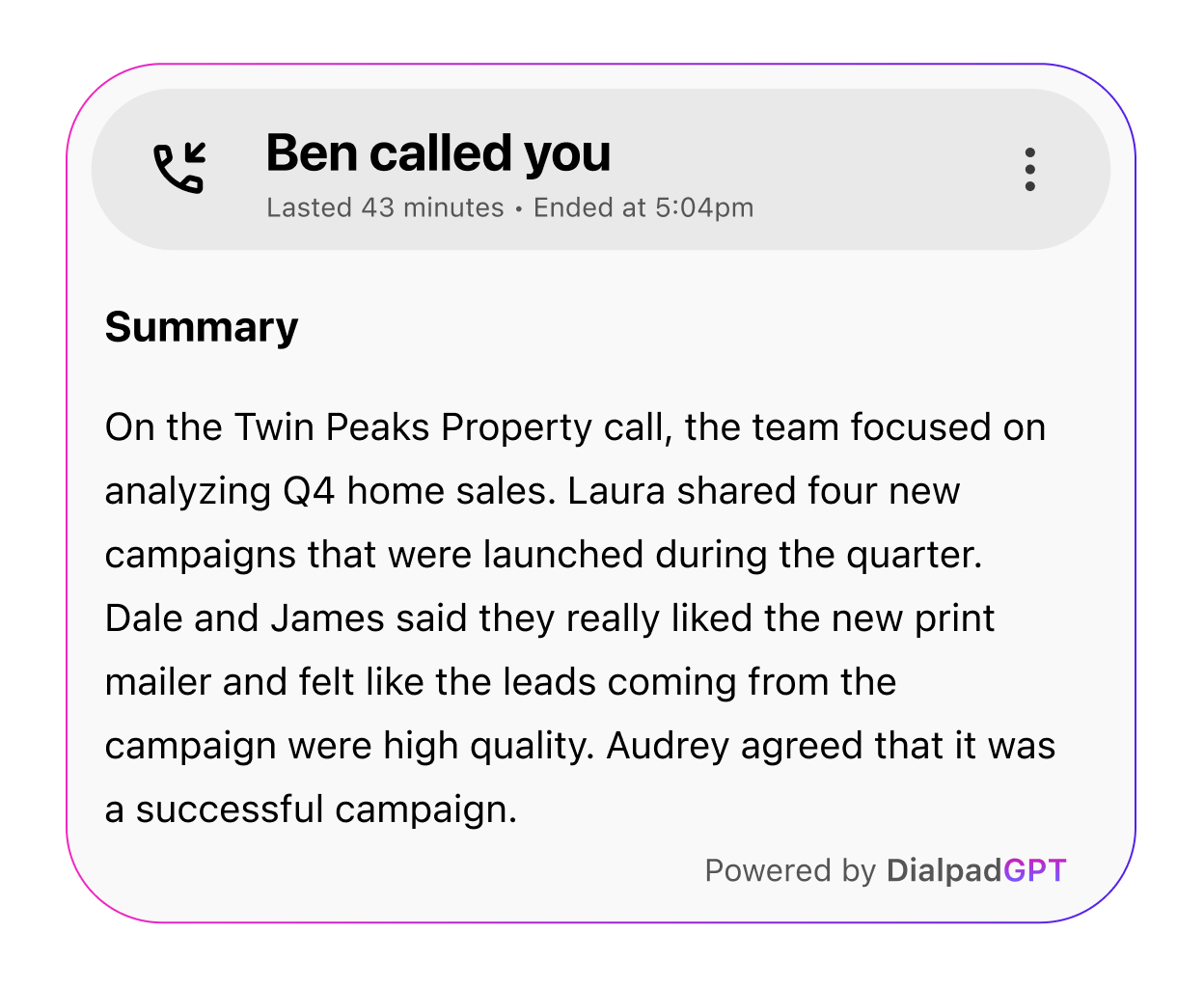 Screenshot of call summary generated by Dialpads Ai Recaps feature