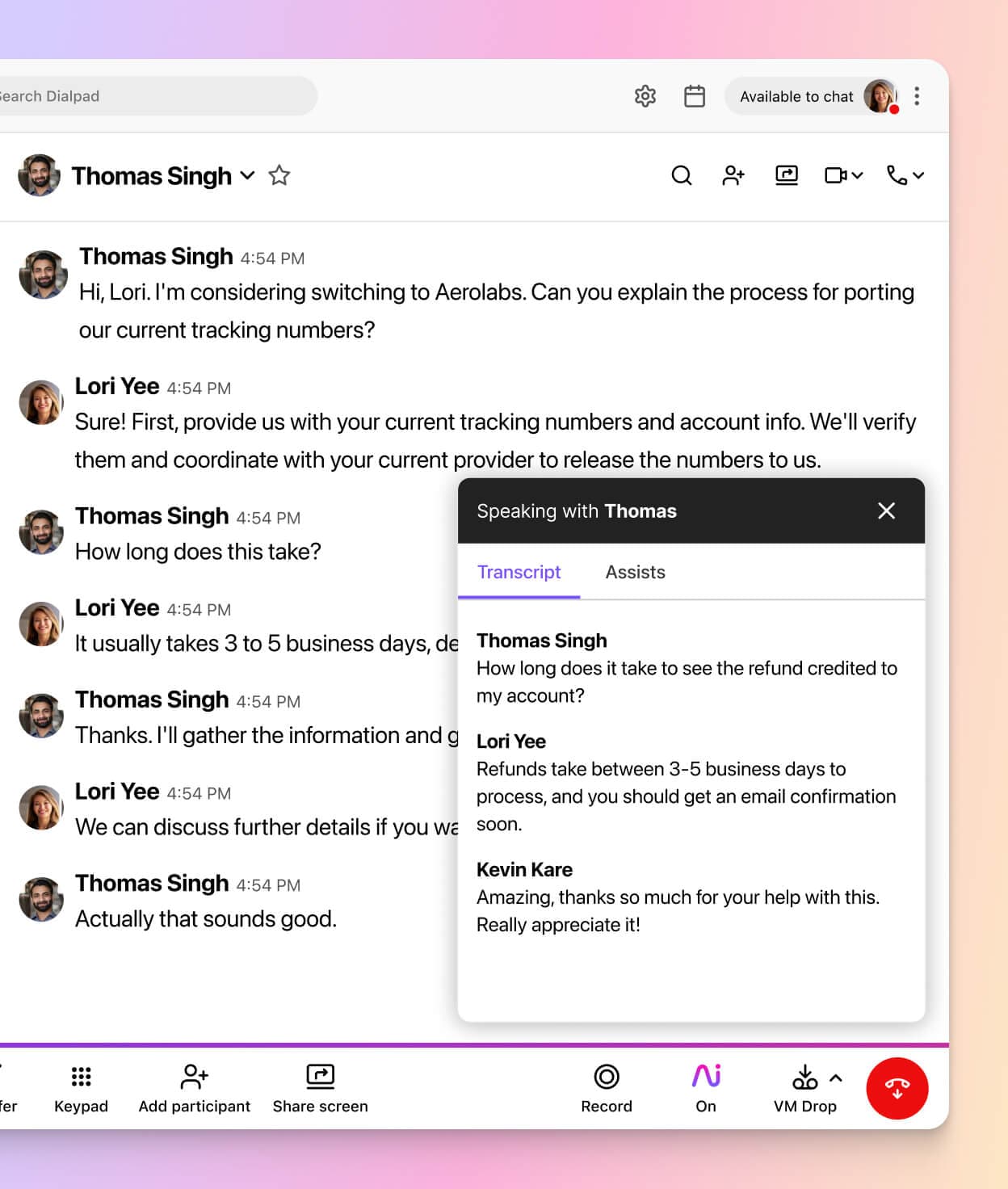 Screenshot of Dialpad Ai transcribing a call in real time