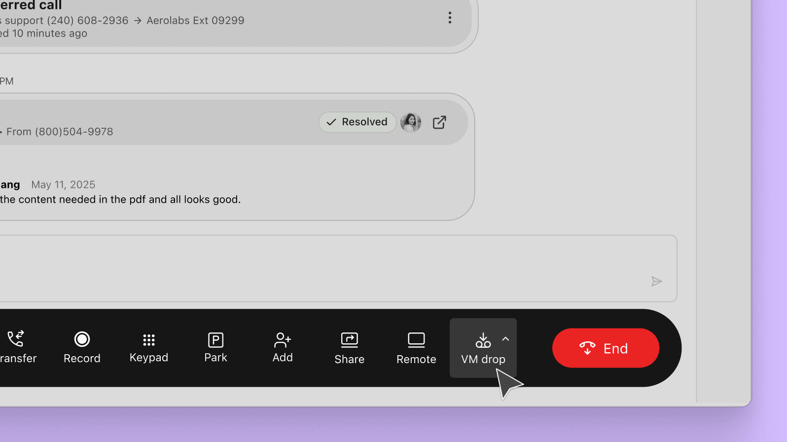 Screenshot of Dialpad's voicemail drop feature, which lets sales reps drop in a pre-recorded message when they hit prospects' voicemails.