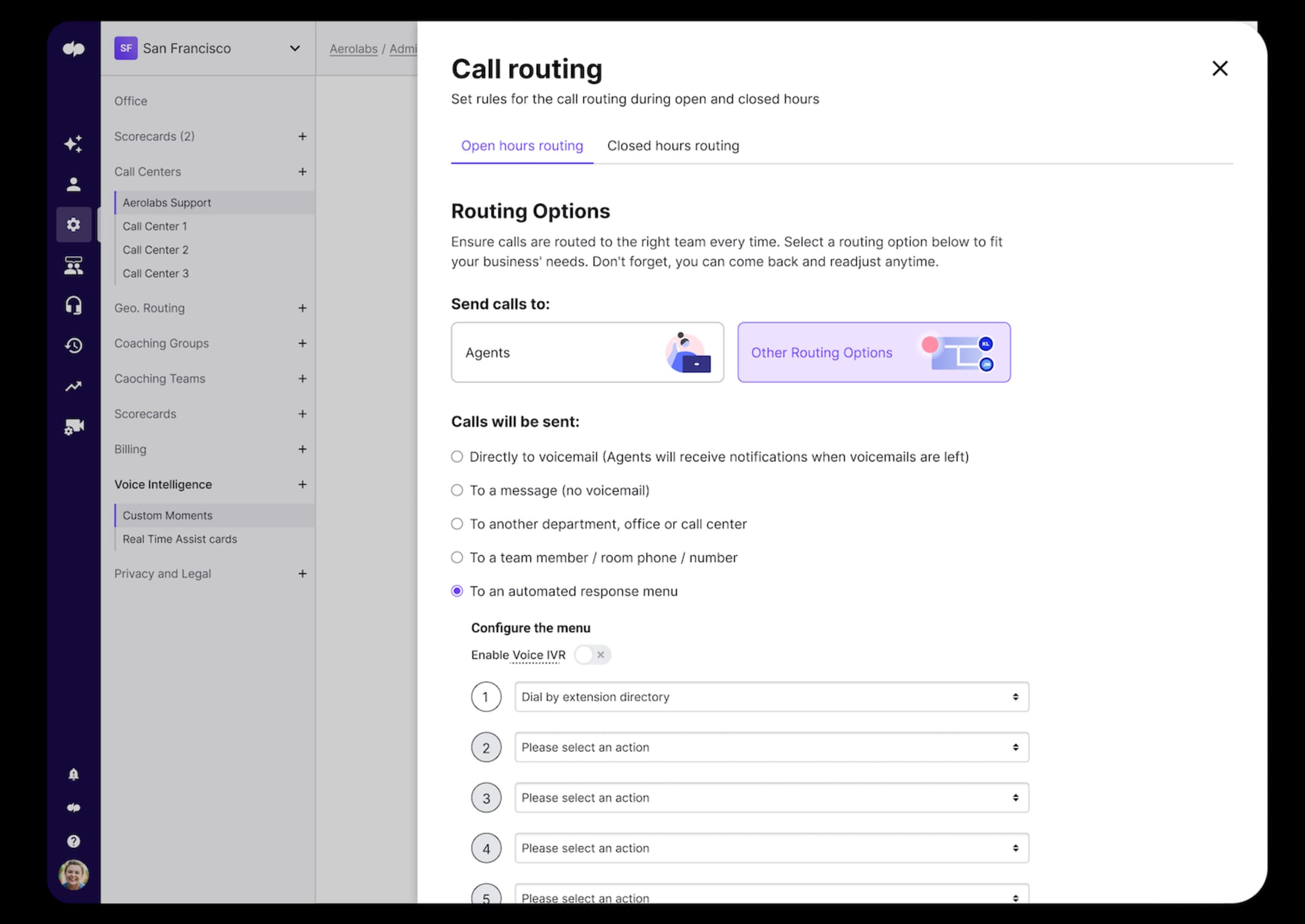 Multiple call routing options and configuration choices in Dialpad for phone tree template customization