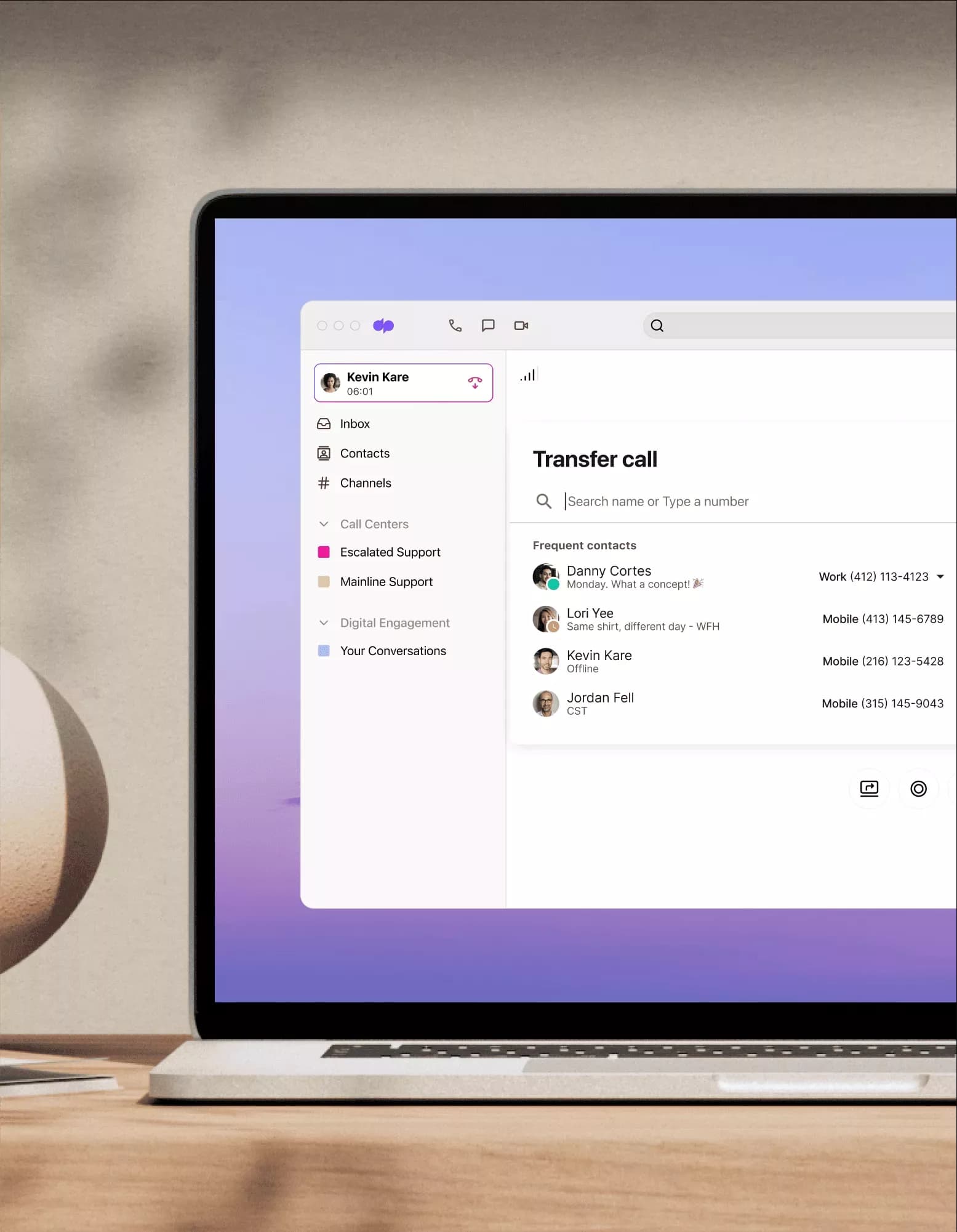 Computer monitor displaying dialpad's dial-by-name feature
