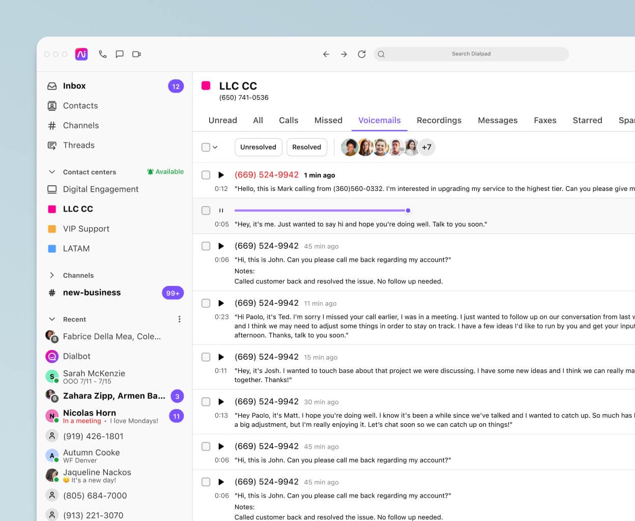 Screenshot of a list of voicemails in Dialpads app, showing caller IDs, times, and durations