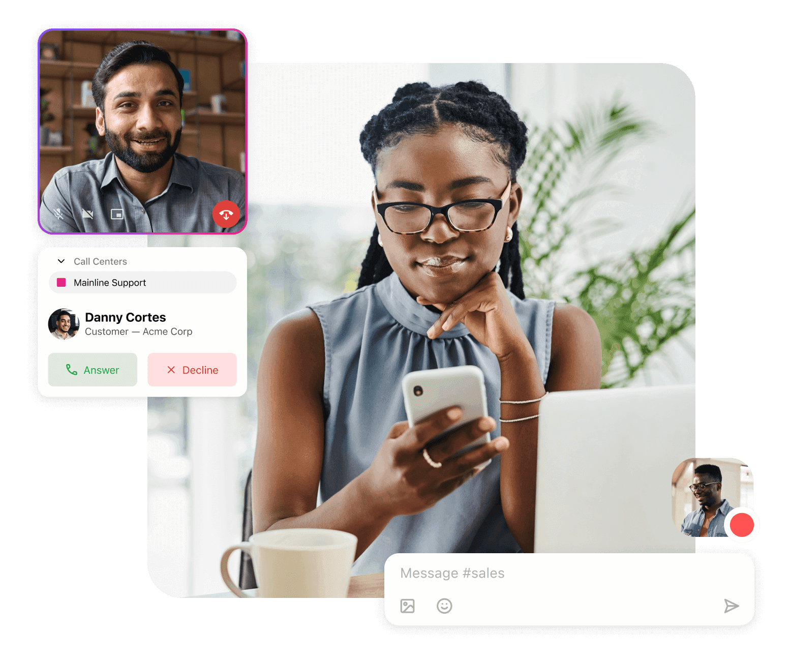 A bubble showing an incoming call, and a person using a mobile device