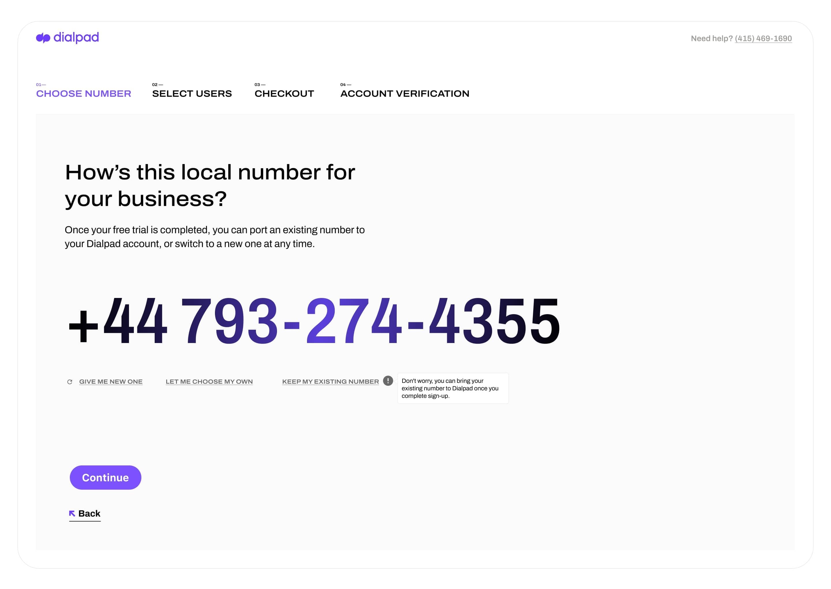 Screenshot of setting up a phone number from Dialpad's online dashboard.