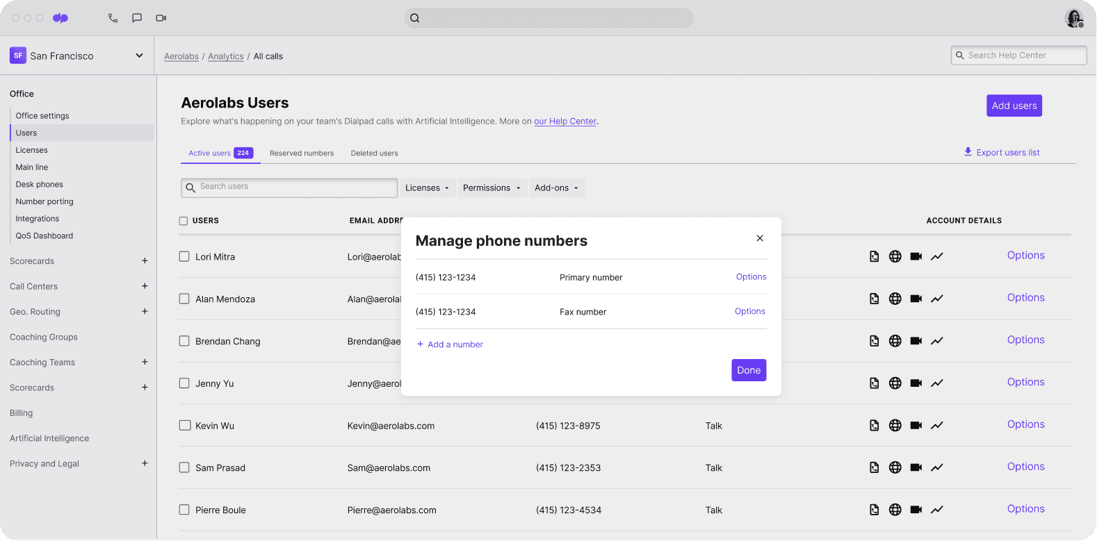 Screenshot of adding and managing phone numbers from Dialpads online dashboard vavende