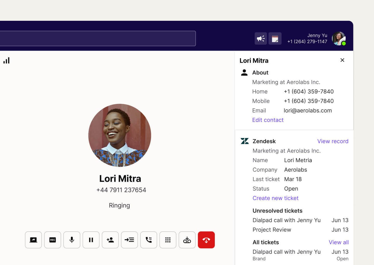 Screenshot of Dialpad's Zendesk integration