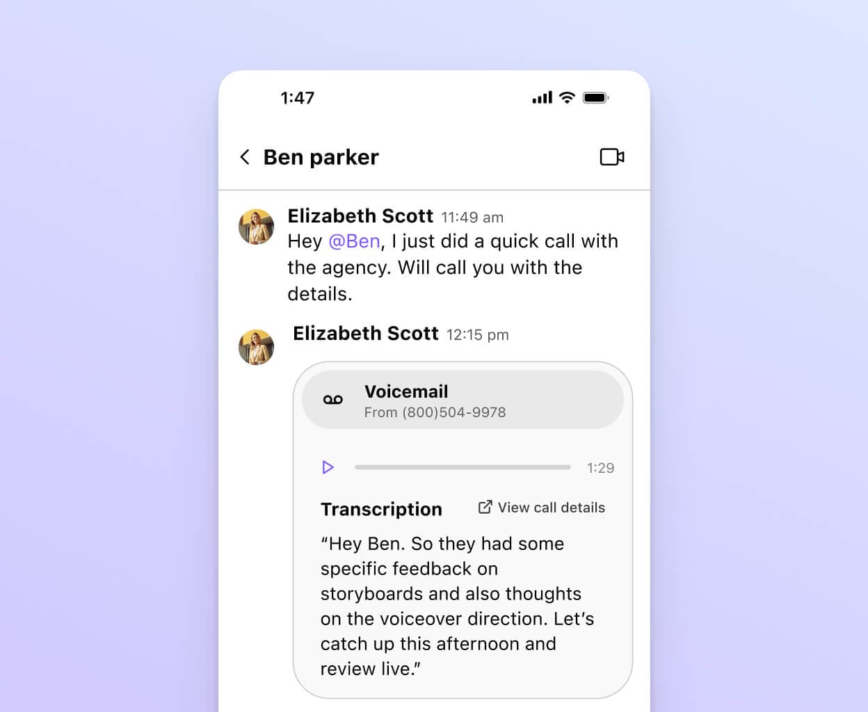 Screenshot of a voicemail transcription from the Dialpad mobile interface, displaying the message text