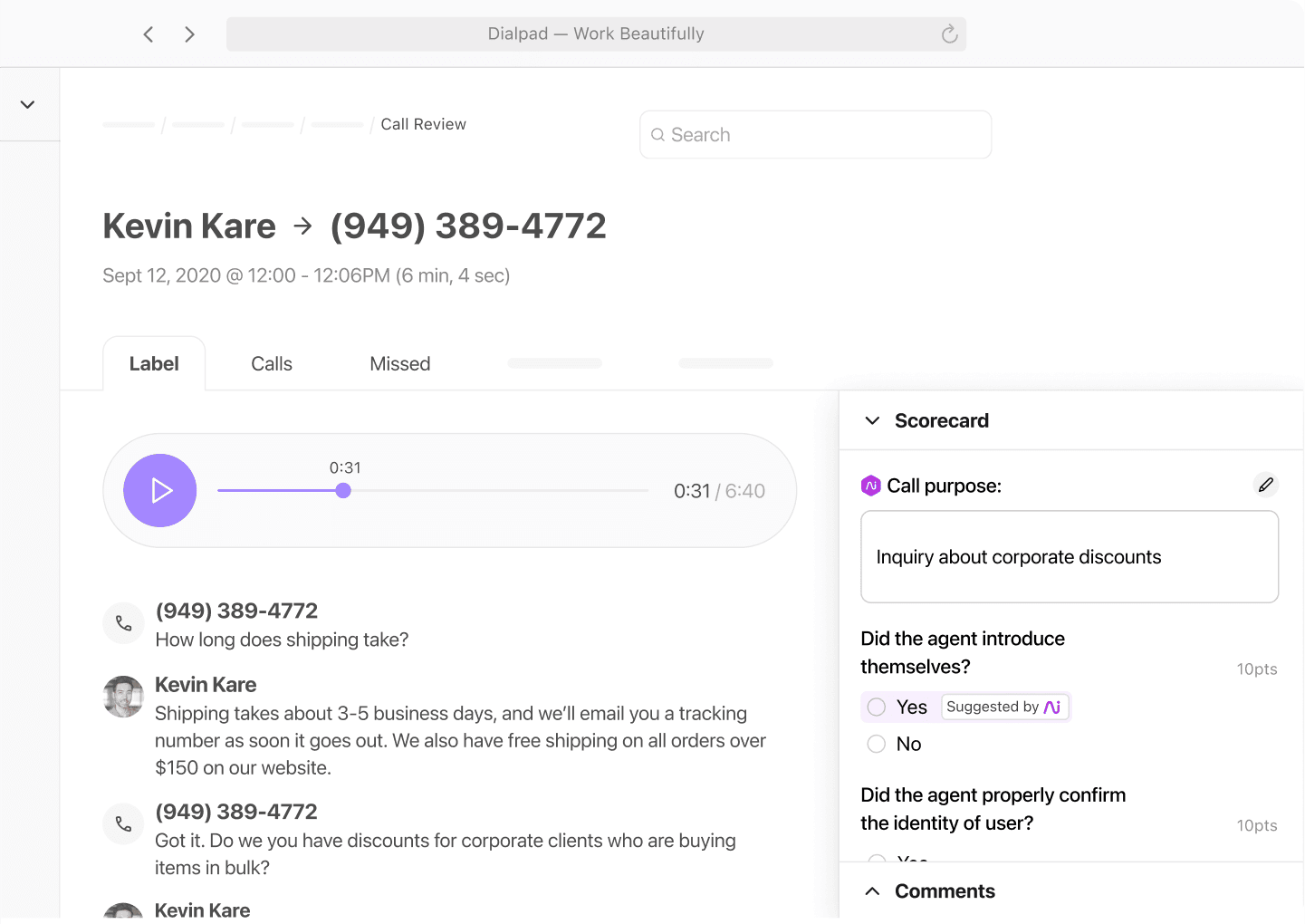 Screenshot of adding a new QA scorecard in Dialpad