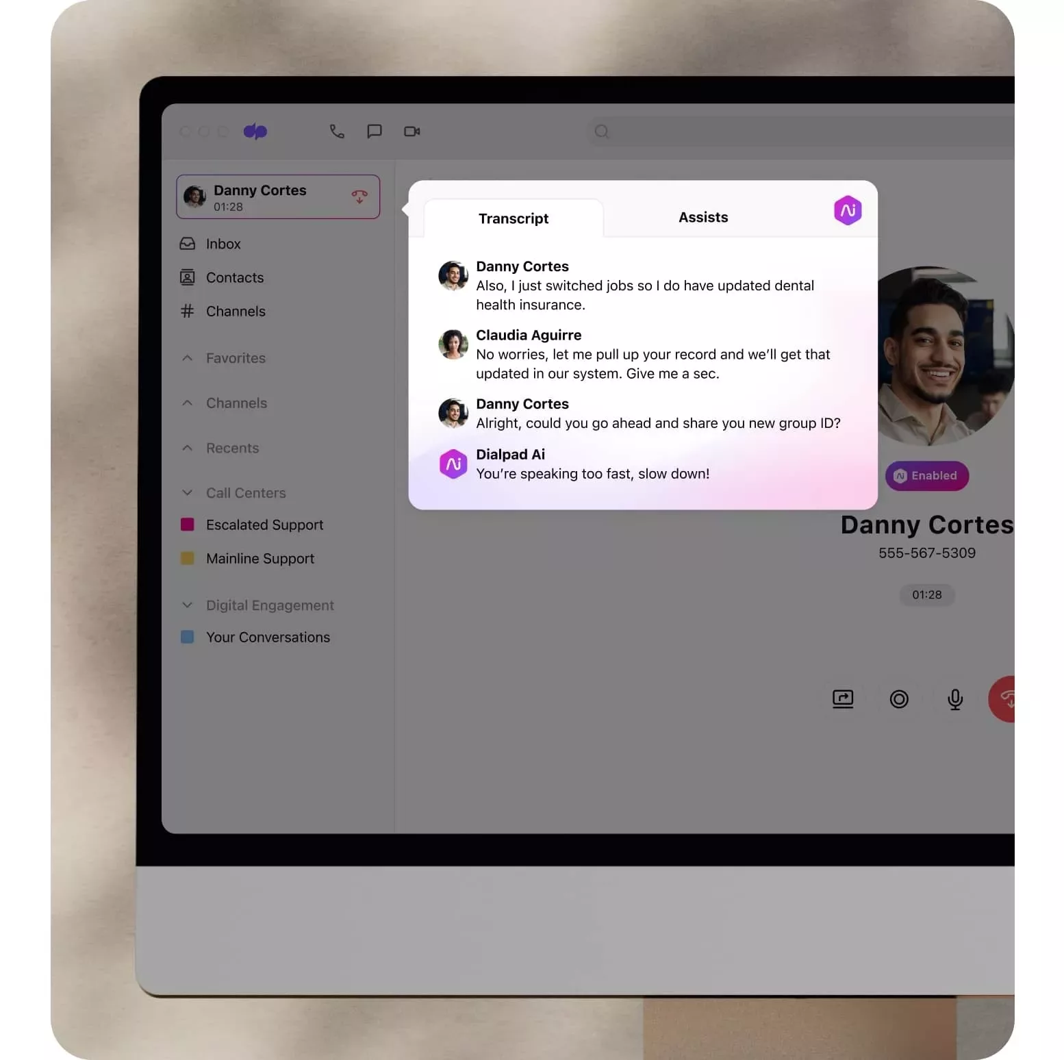 Screenshot of Dialpad Ai transcribing a call between an insurance provider and a customer in real time