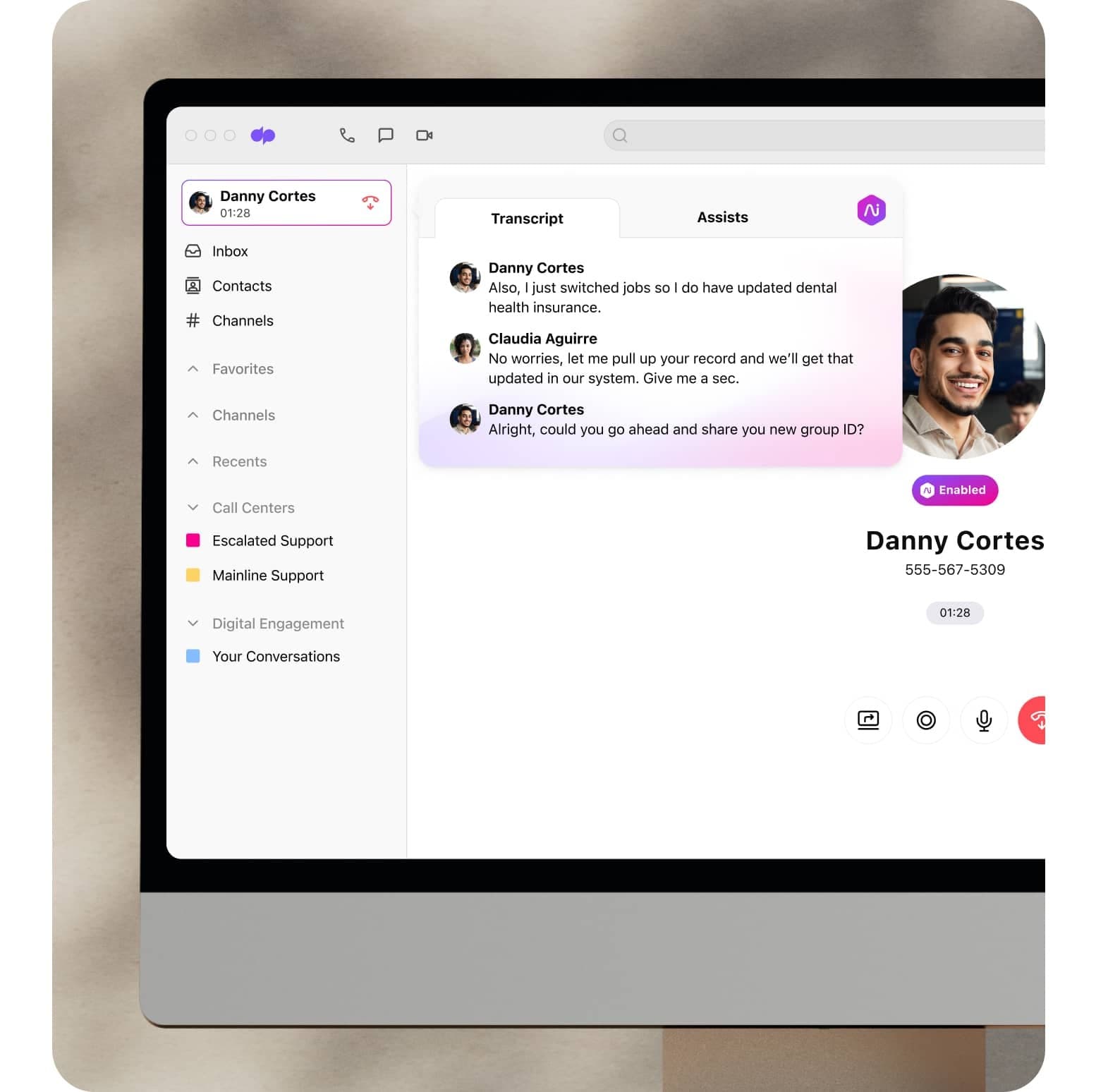 Screenshot of Dialpad Ai transcribing a phone call in real time