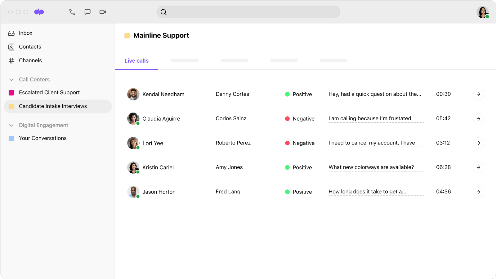 Screenshot of Dialpad Ai analyzing the sentiment of multiple calls in real time Knock out recruiting