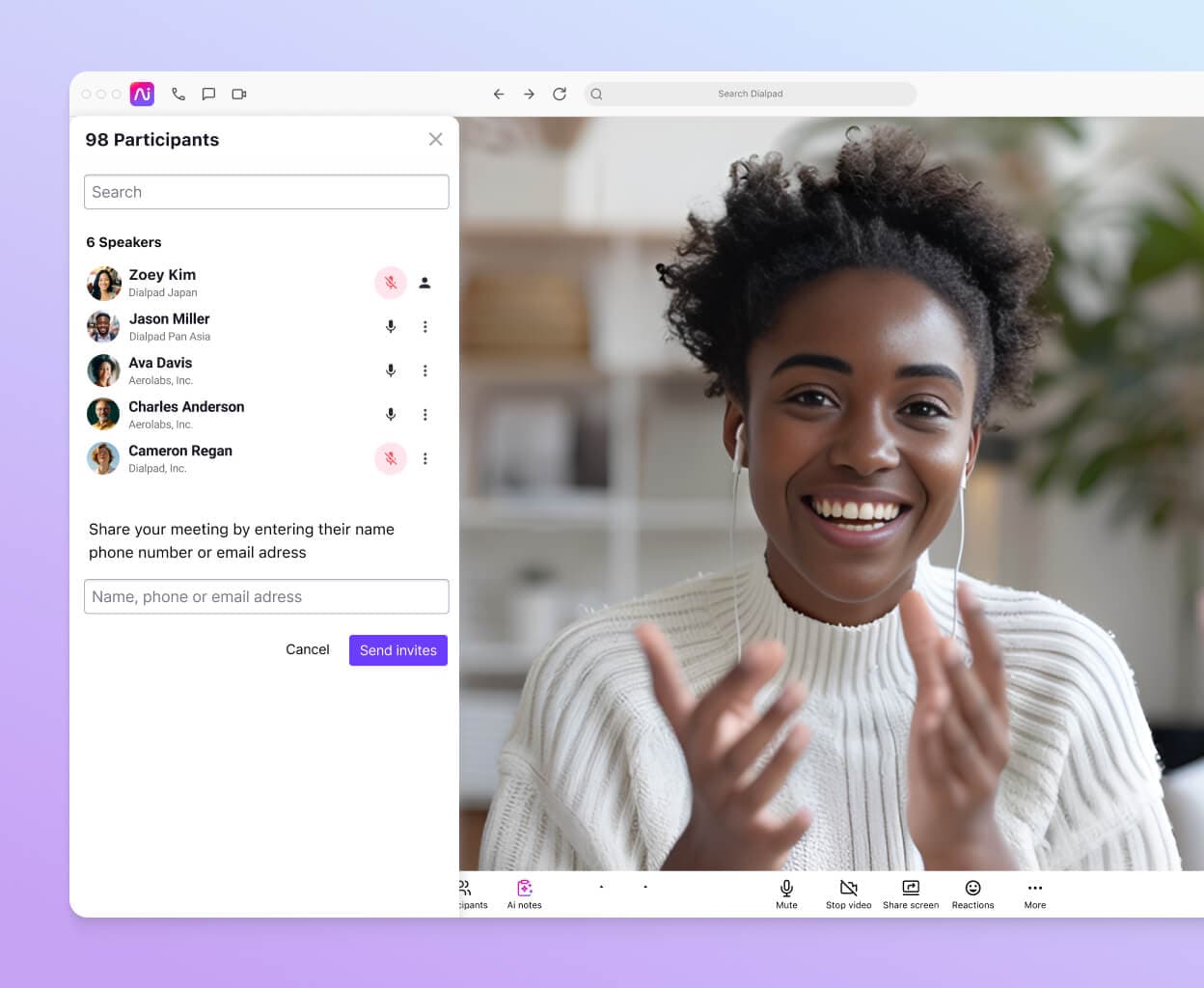 Adding participants to a meeting in Dialpad's video conferencing interface