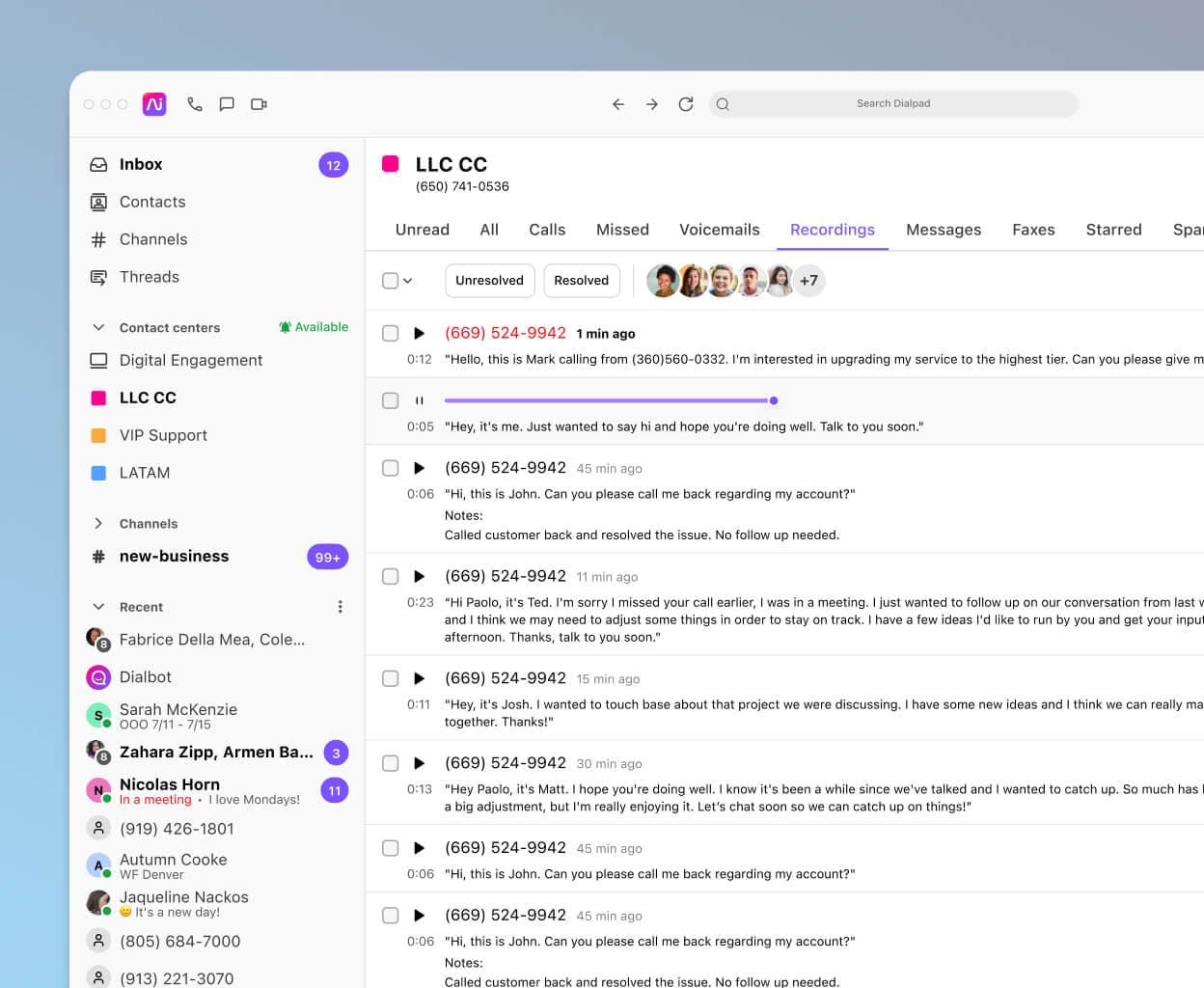 Screenshot of call recordings in Dialpad's desktop app