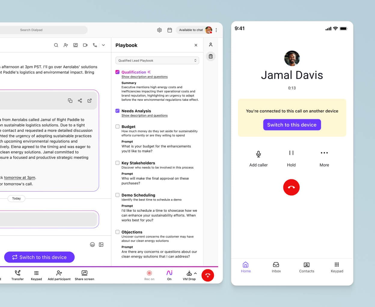 Screenshot of Dialpad Ai suggesting BANT sales playbook tasks for a rep in real time