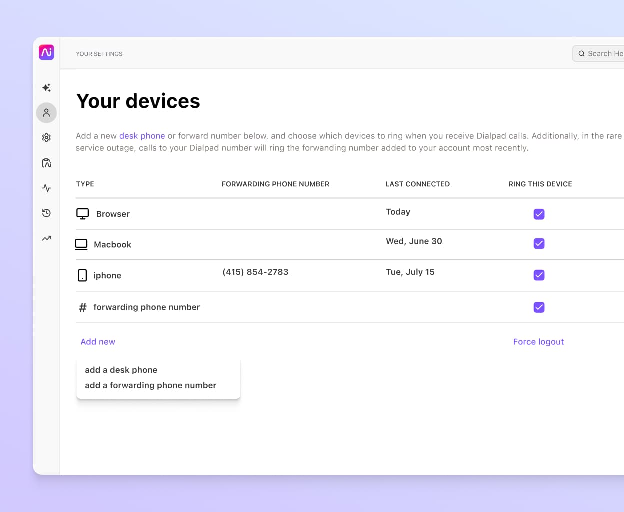 Screenshot of adding a call forwarding number from Dialpad’s online dashboard