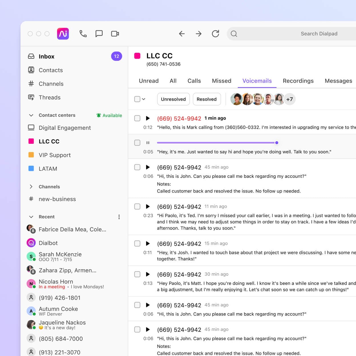 Screenshot of a list of voicemails in Dialpads app, showing caller IDs, times, and durations