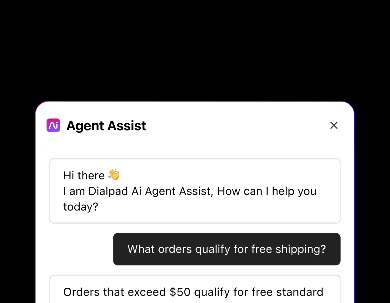 Screenshot of Dialpads real time assist card feature popping up helpful notes for an agent or rep when a tricky question comes up on a call