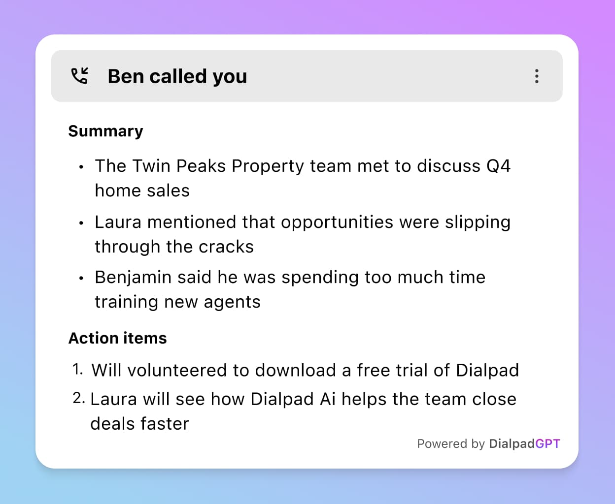 Screenshot of Dialpad's Ai-generated call summary with action items