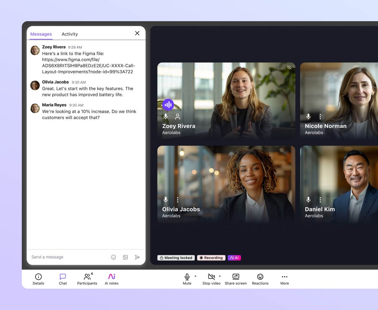 Screenshot of the in-meeting chat feature in Dialpad, showcasing group messaging during a conference call