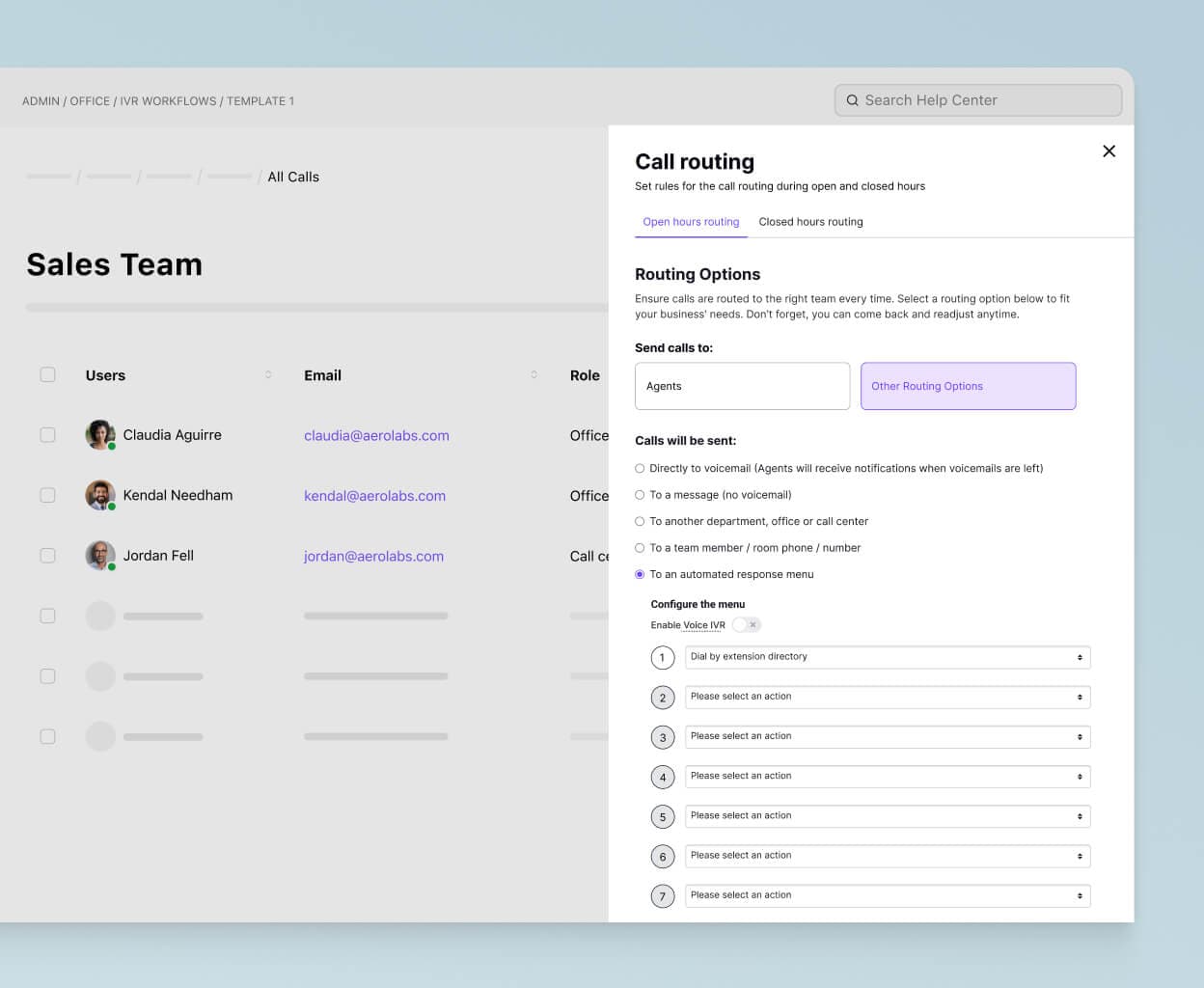 Screenshot of Dialpads call routing options