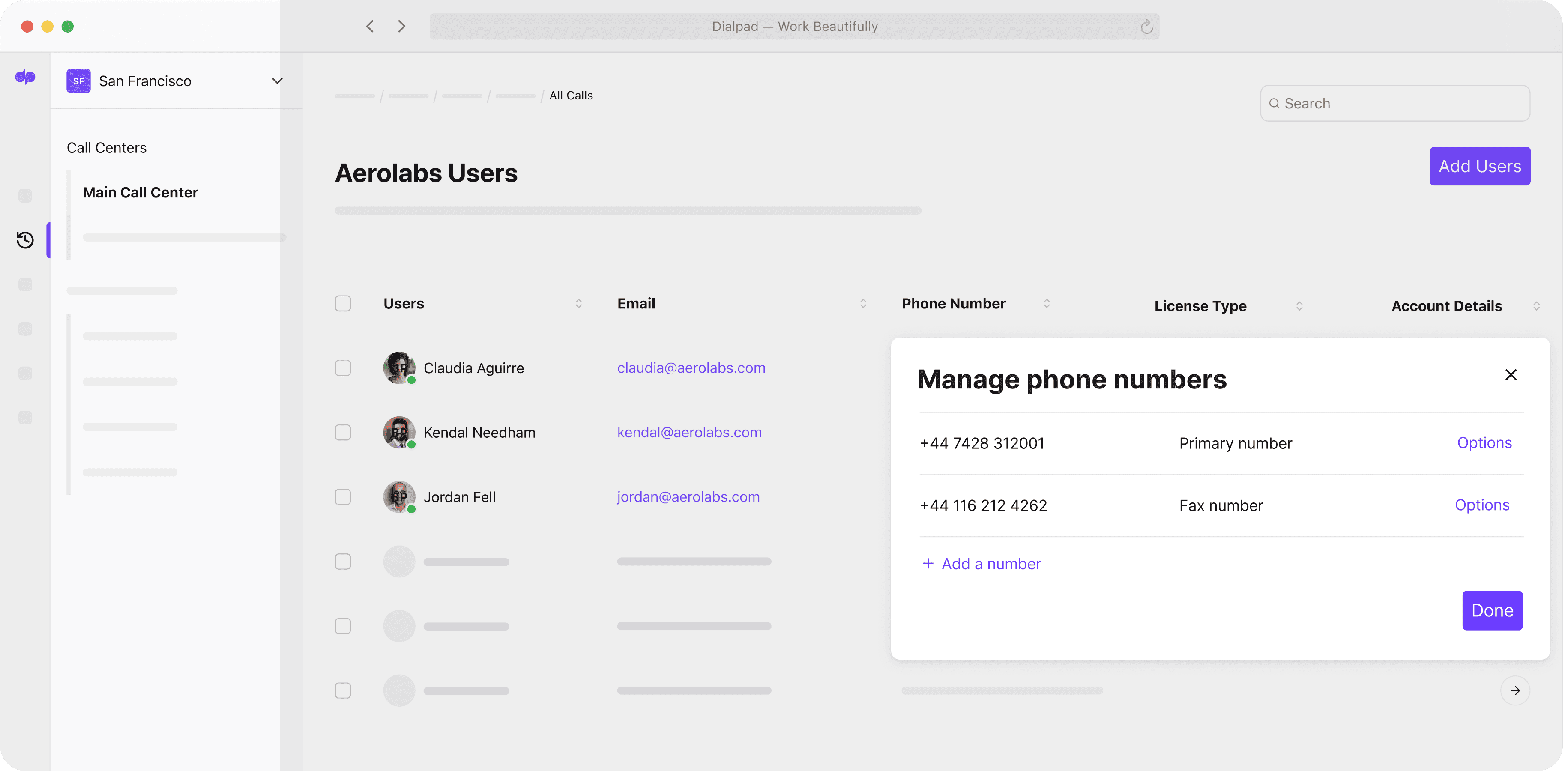 Screenshot of adding and managing phone numbers from Dialpad-s online dashboard