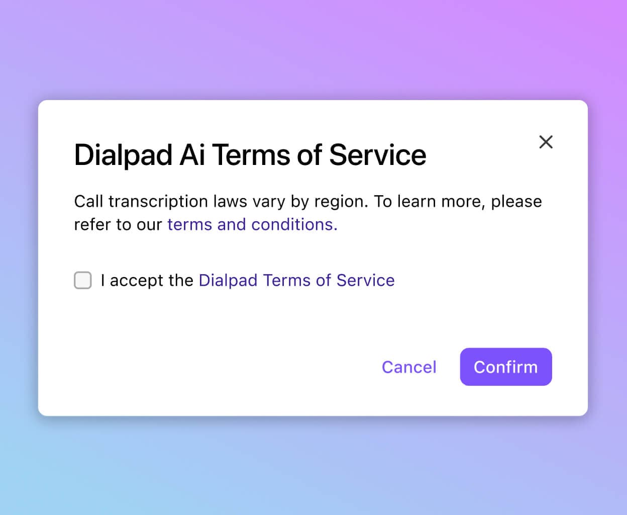 Screenshot of an application prompt showing Dialpad Ai Terms of Service