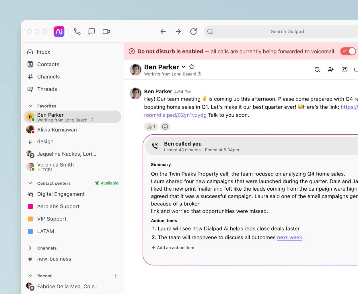 Screenshot of Dialpads do not disturb feature blocking a call
