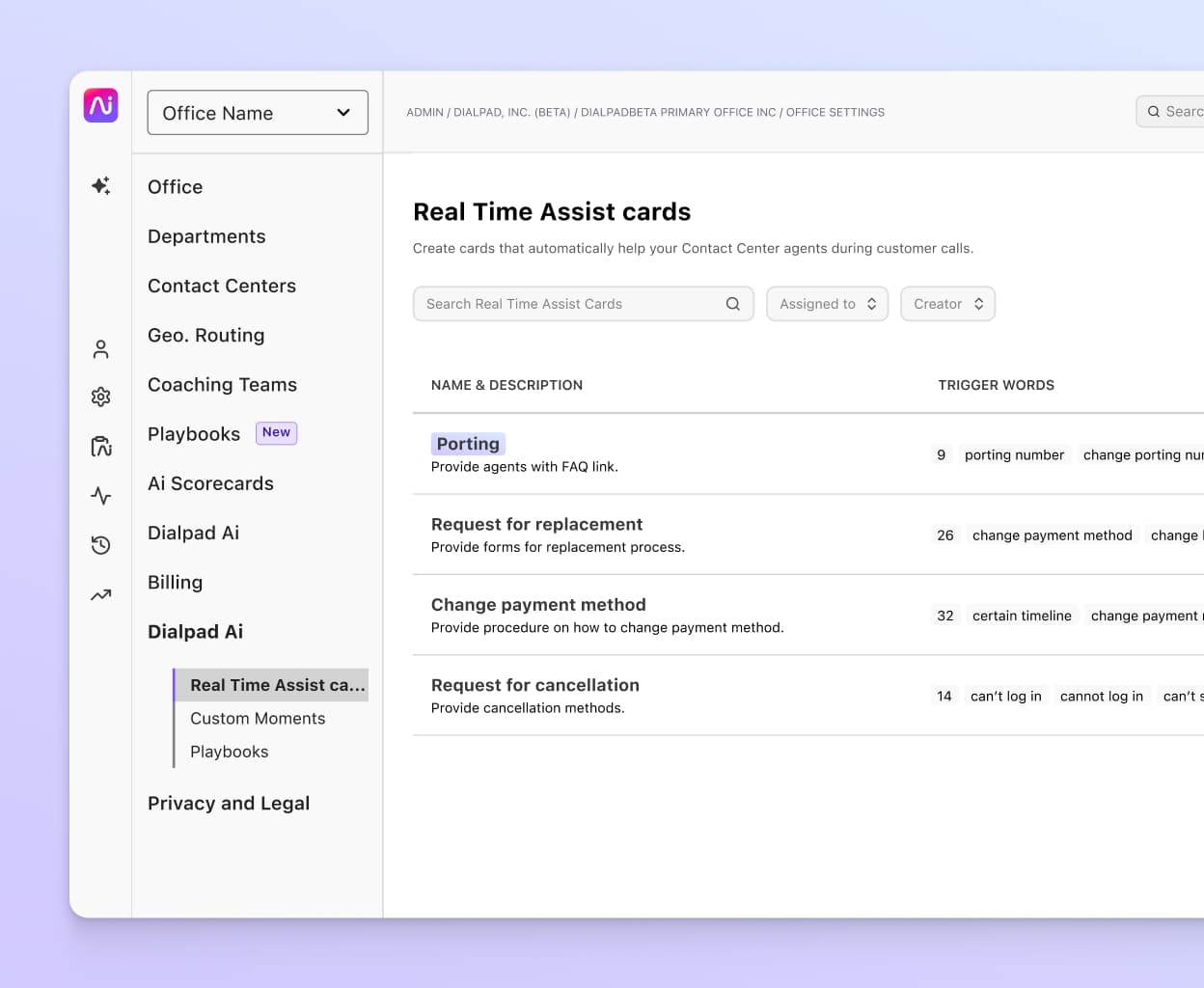Screenshot of Dialpad's real time assist card feature popping up helpful notes for an agent or rep when a tricky question comes up on a call