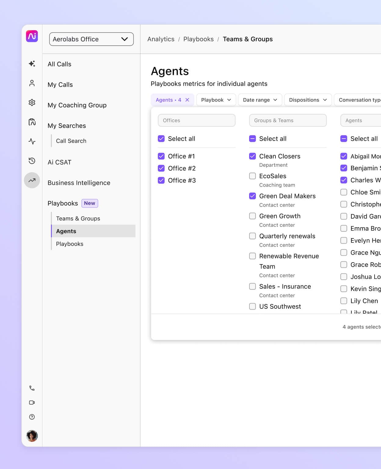 Screenshot showing the selection of playbook metrics for individual agents in Dialpad