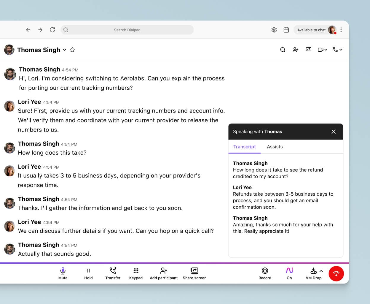 Screenshot of Dialpad Ai transcribing a phone call in real time