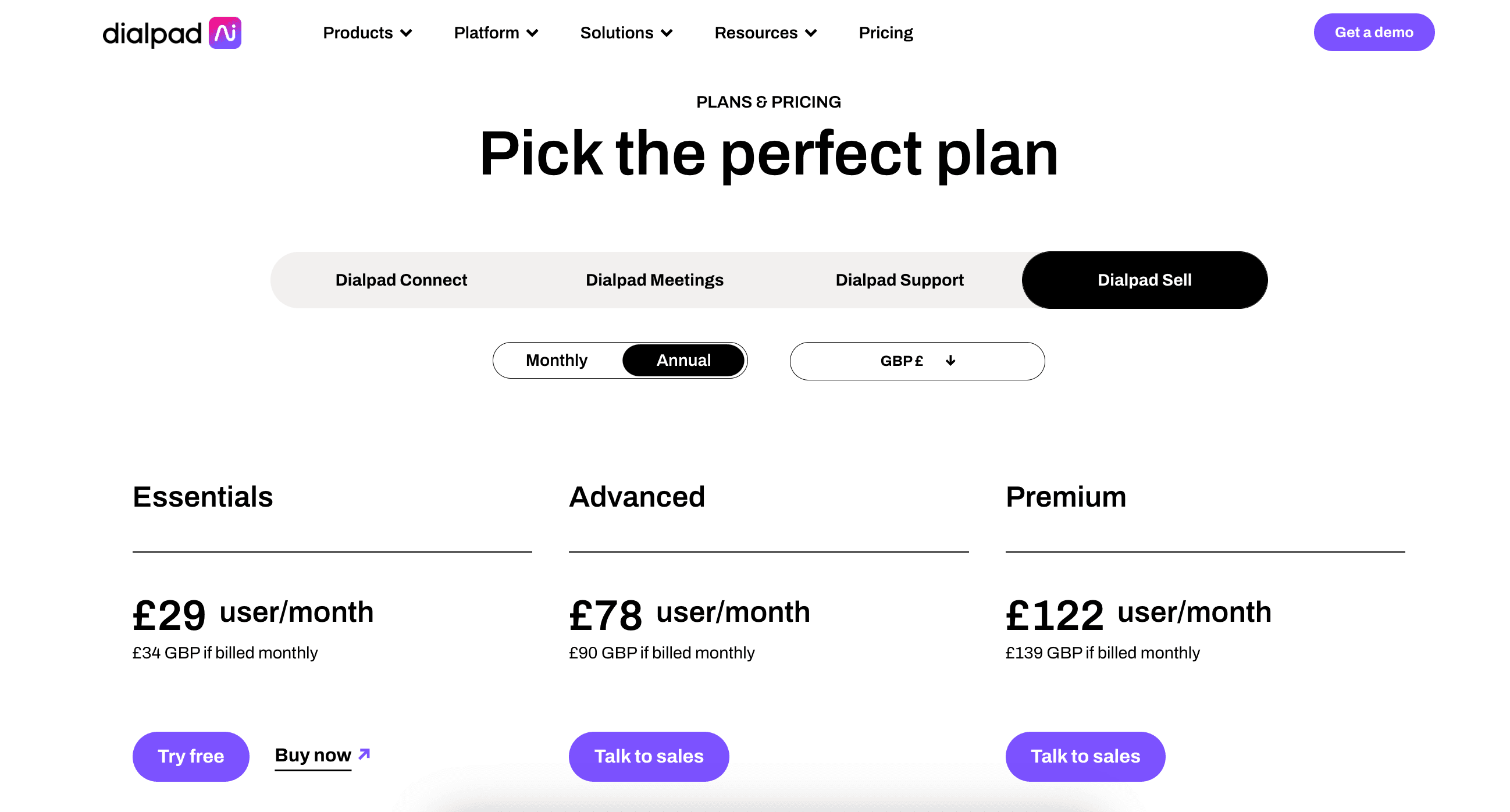 Screenshot of Dialpad Sell pricing tiers