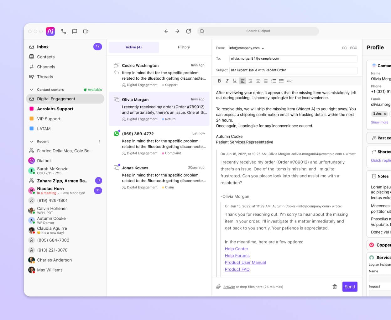 A screenshot of social media, digital, and voice channels being handled by an agent