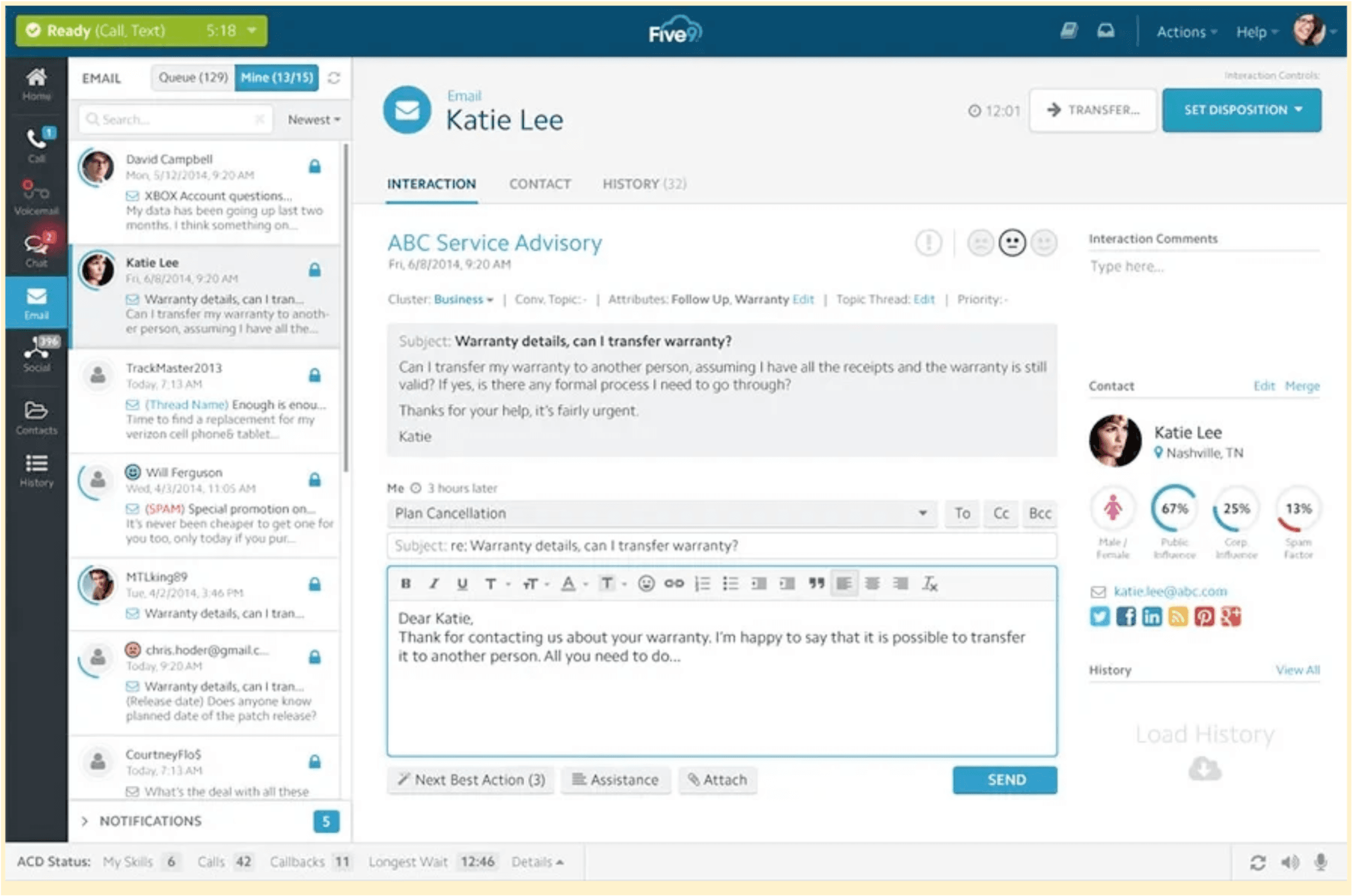 Screenshot of Five9 WFM software
