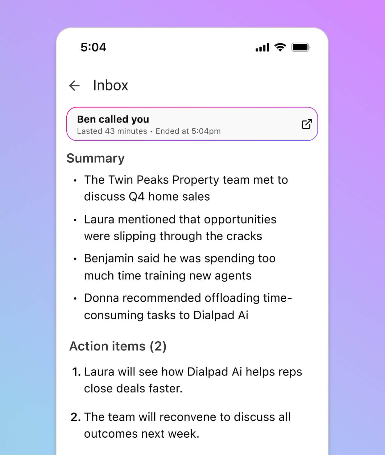 Screenshot of Dialpad Ai Recaps generating a summary and action items after a phone call ends
