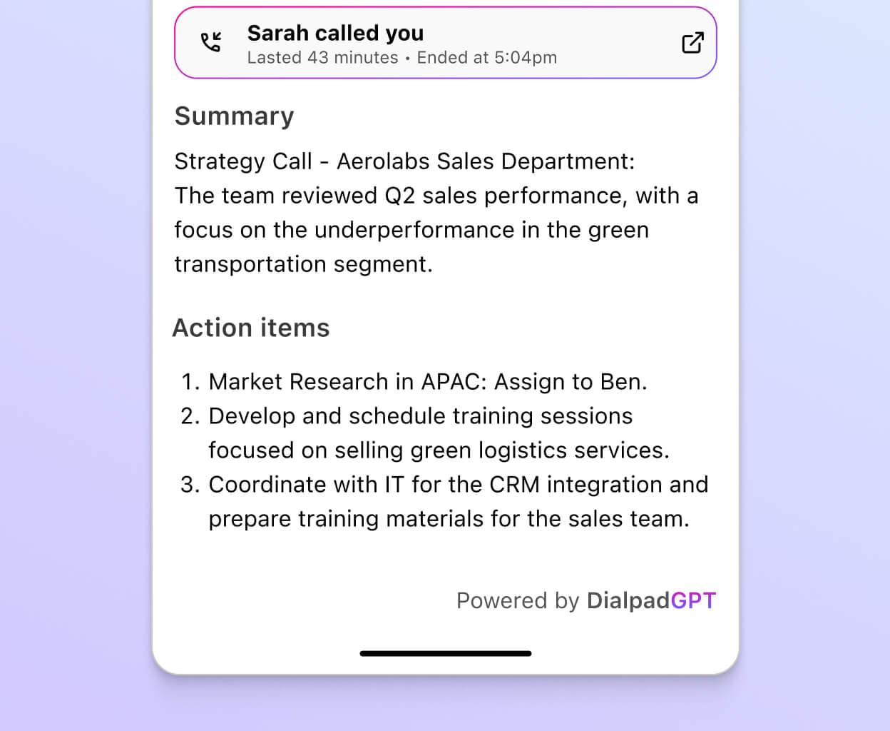 Screenshot of Dialpad Ai Recaps generating a summary and action items after a phone call ends