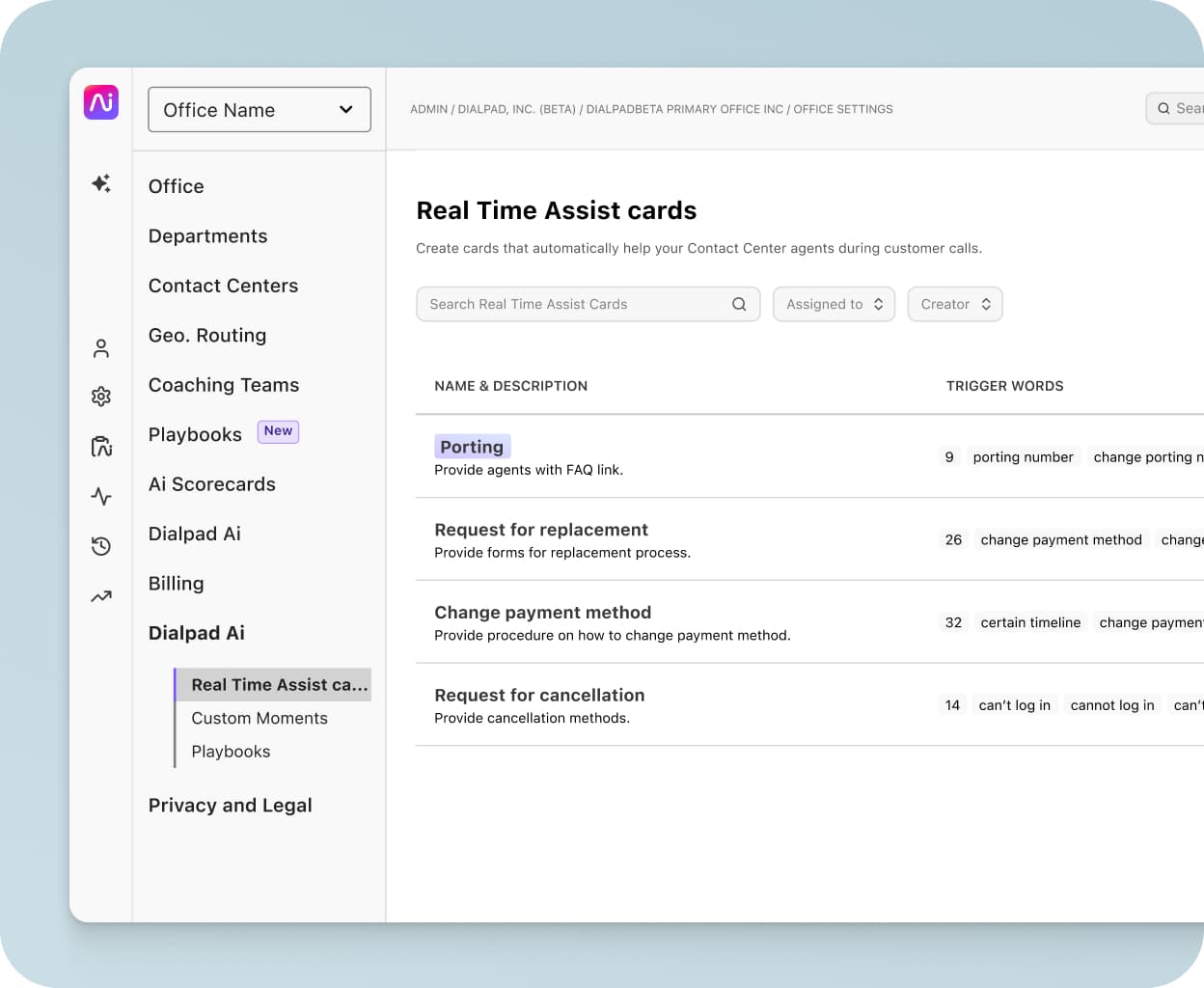 Screenshot of Dialpad's AI-powered real time assist card feature popping up helpful notes for an agent or rep when a tricky question comes up on a call