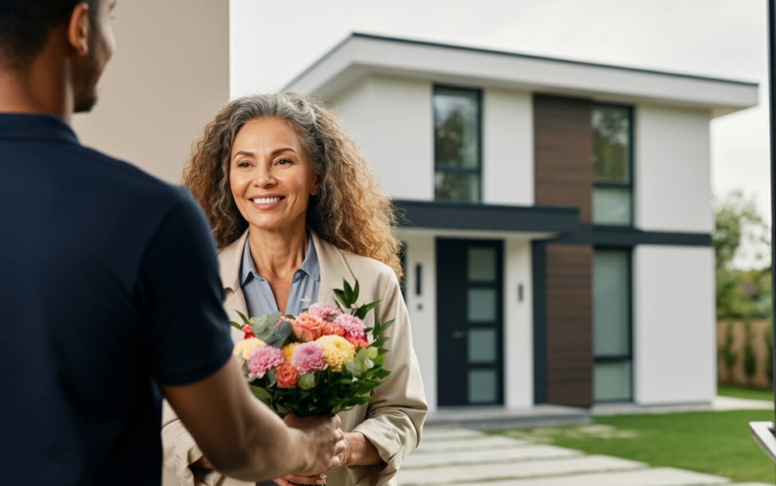 A woman receiving a flower delivery