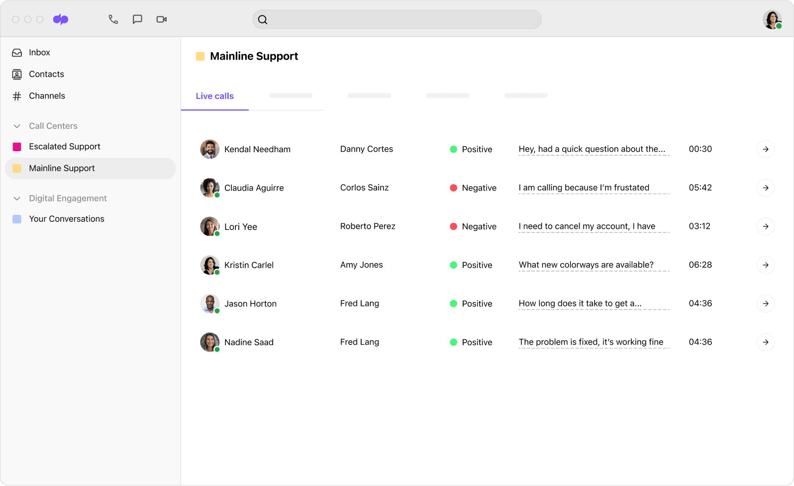 Screenshot of Dialpad Ai analyzing the sentiment of multiple calls in real time
